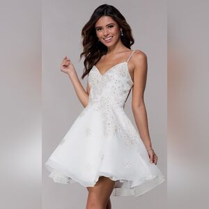 NWT Size 0 Jovani Ivory & Champagne Embellished Vneck Fit & Flare Mini Dress